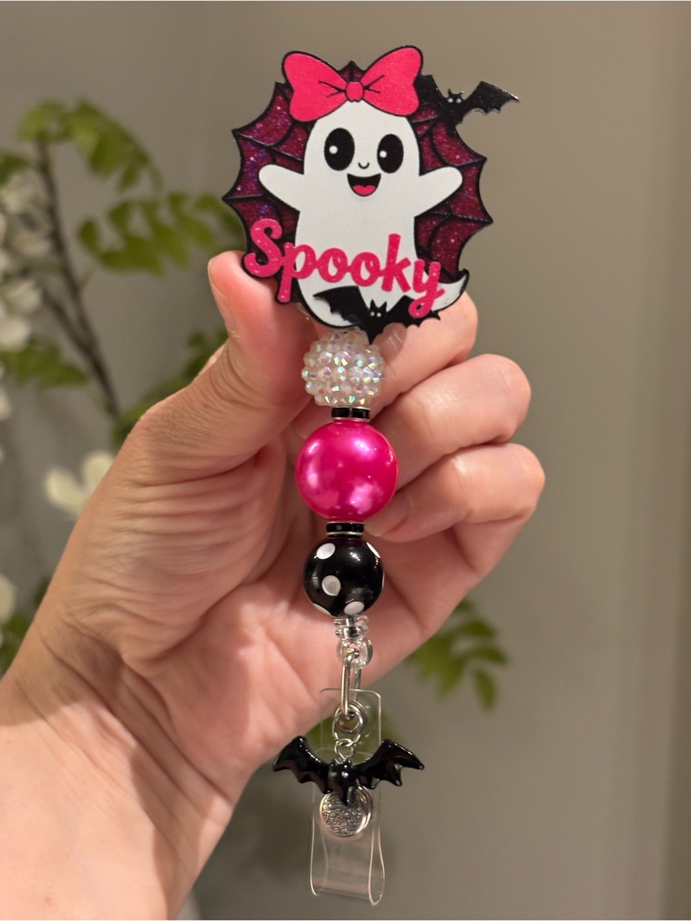 Handmade Pink Spooky Ghost Halloween Beaded Badge Reel with Bat Charm